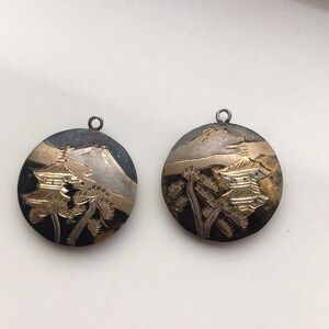 Vintage intricately engraved oriental landscape design sterling earrings READ